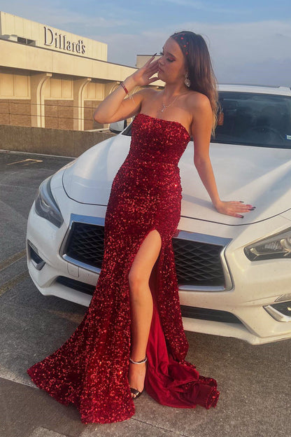 Strapless Sequin Mermaid Long Prom Dress with Slit