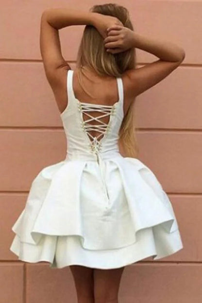 Straps Short Lace-Up White Satin Homecoming Dress