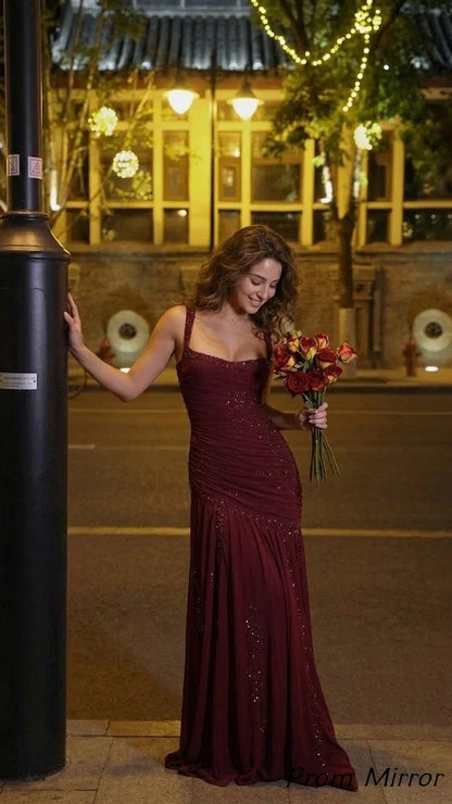 Stunning Burgundy Chiffon Mermaid Gala Gown Sleeveless Ruched Prom Dress