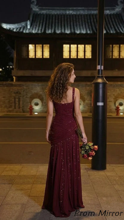 Stunning Burgundy Chiffon Mermaid Gala Gown Sleeveless Ruched Prom Dress