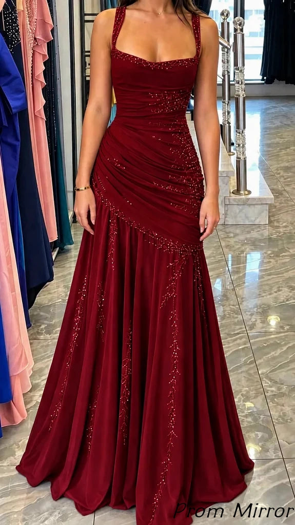 Stunning Burgundy Chiffon Mermaid Gala Gown Sleeveless Ruched Prom Dress