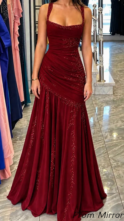 Stunning Burgundy Chiffon Mermaid Gala Gown Sleeveless Ruched Prom Dress