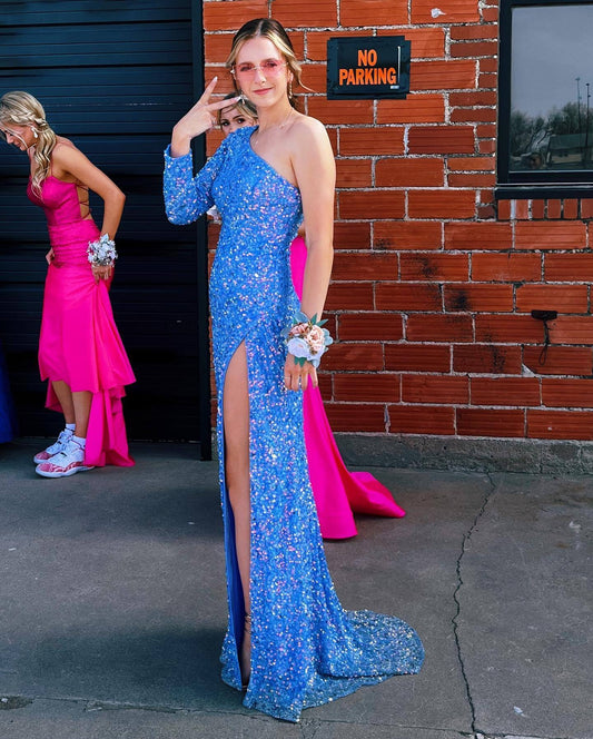 Stunning Light Purple Sequins Mermaid One Sleeve Prom Gown