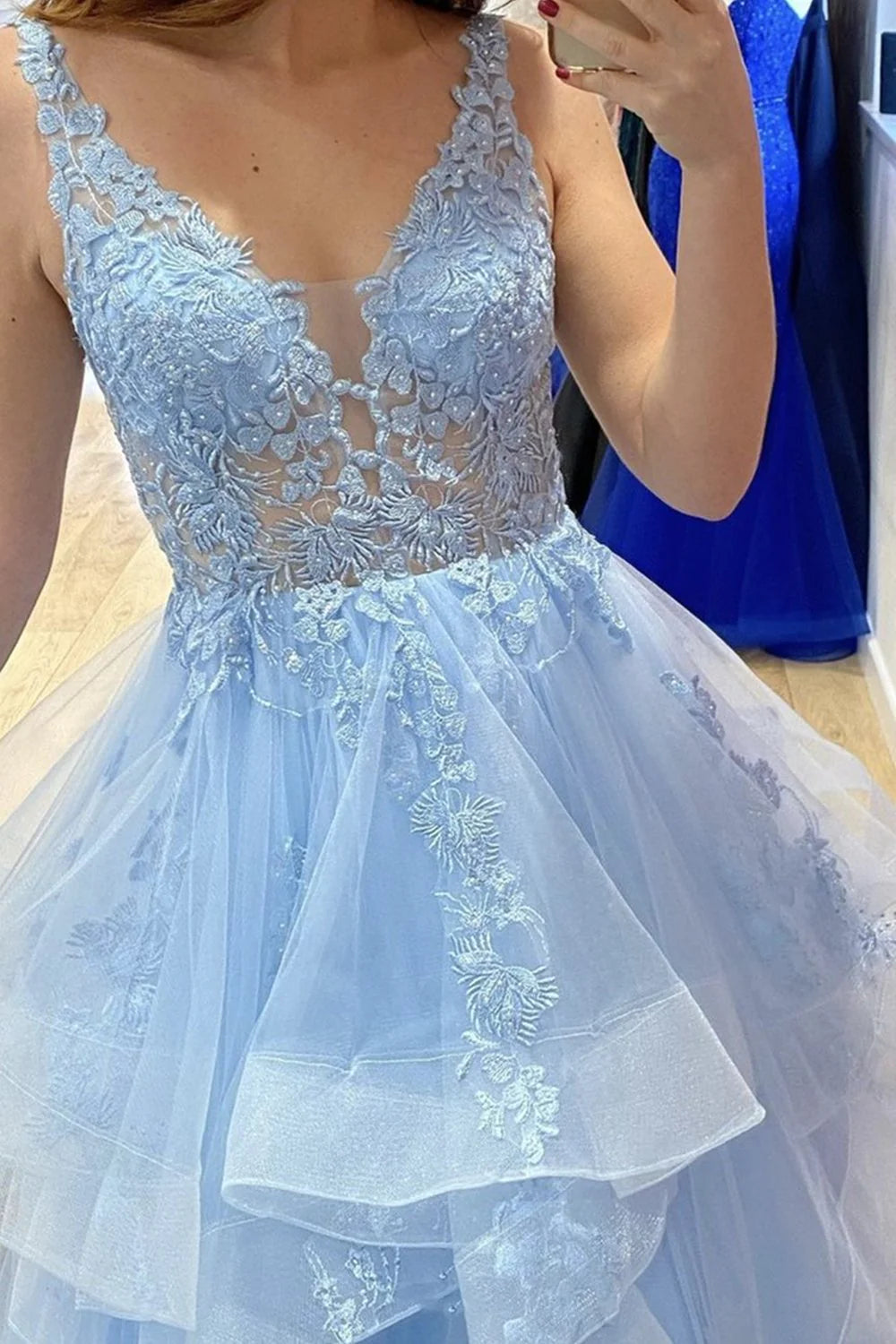 Light Blue Beaded Applique Prom Dress Ruffle Skirt