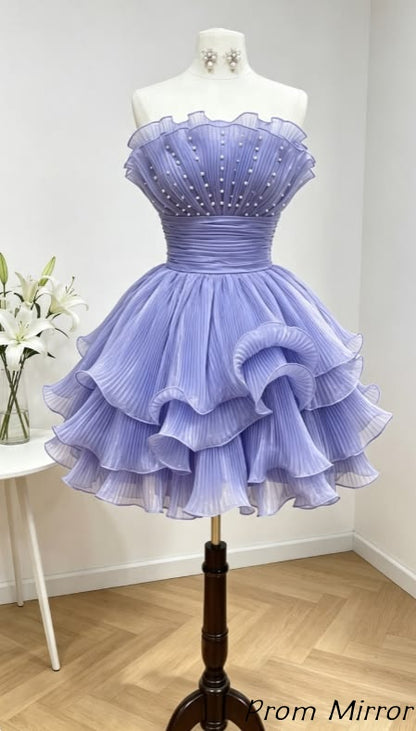 Sweet Pearl Beaded Lilac Organza Pleated Homecoming Dress Strapless Mini Prom Dresses