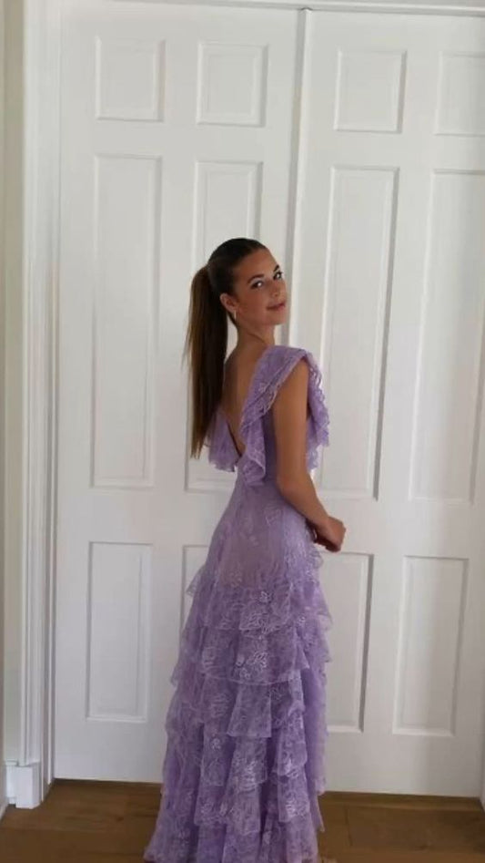 Sweet Purple Lace Ruffle Long Prom Dress