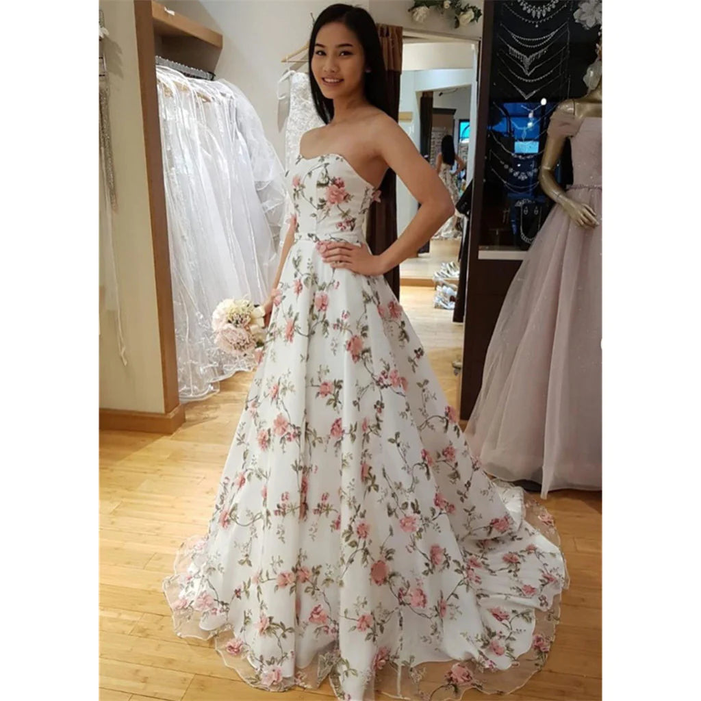 Sweet White Floral Prom Evening Dresses