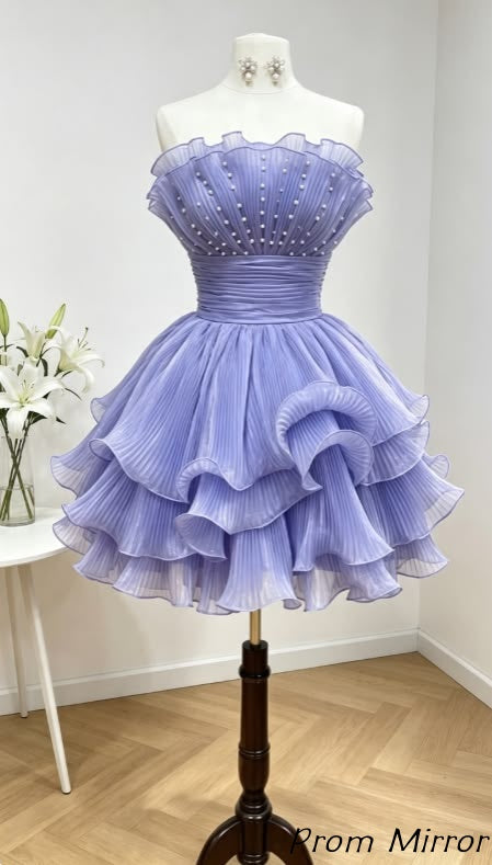 Sweet Pearl Beaded Lilac Organza Pleated Homecoming Dress Strapless Mini Prom Dresses