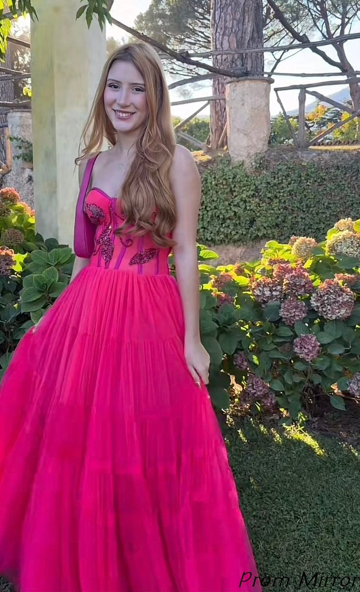 Sweetheart Hot Pink A-Line Tulle Prom Dresses