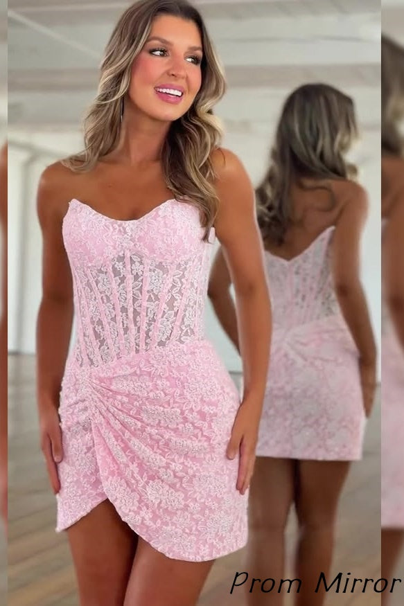 Sweetheart Lace Pink Rutched Tulip Hem Tight Homecoming Dress
