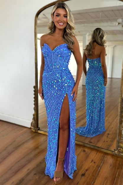 Sweetheart Mermaid Sequins Prom Dress with High Slit Skirt