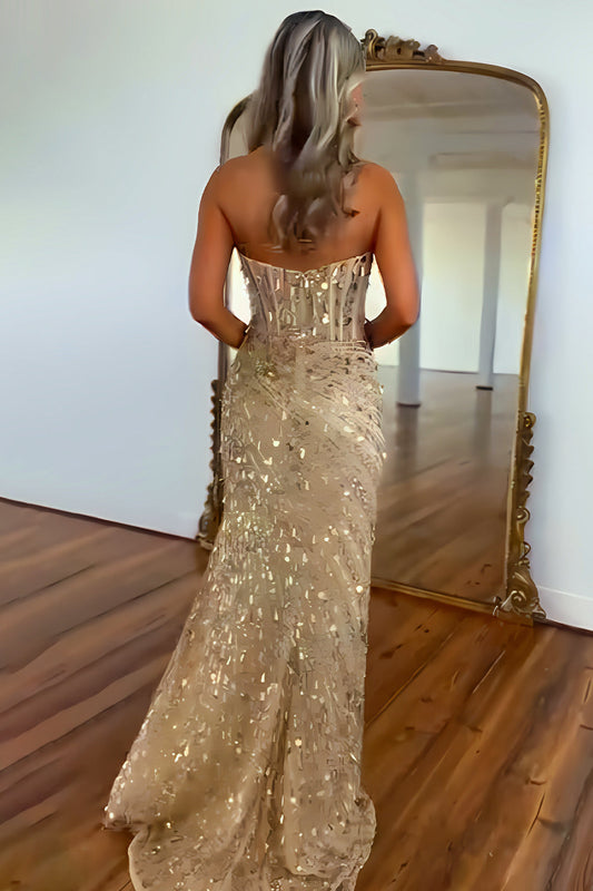 Sweetheart Mermaid Sequins Prom Dress with High Slit Skirt