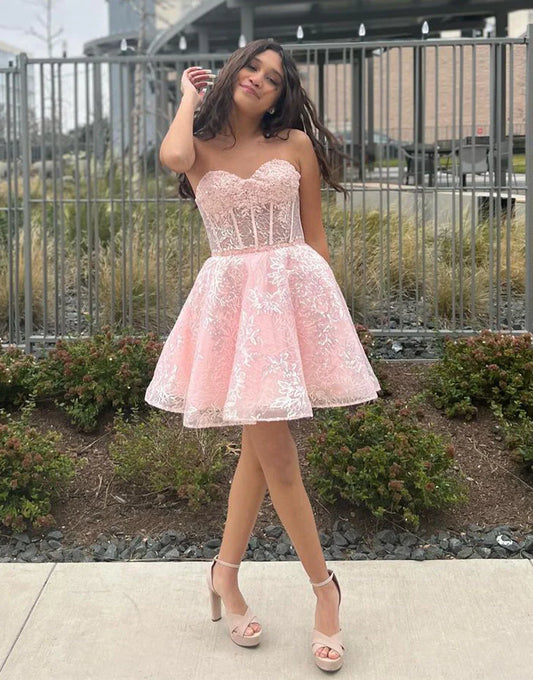 Sweetheart Pink Lace Homecoming Dress