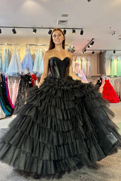 Sweetheart Corset Black Tiered Ruffles Long Formal Gown