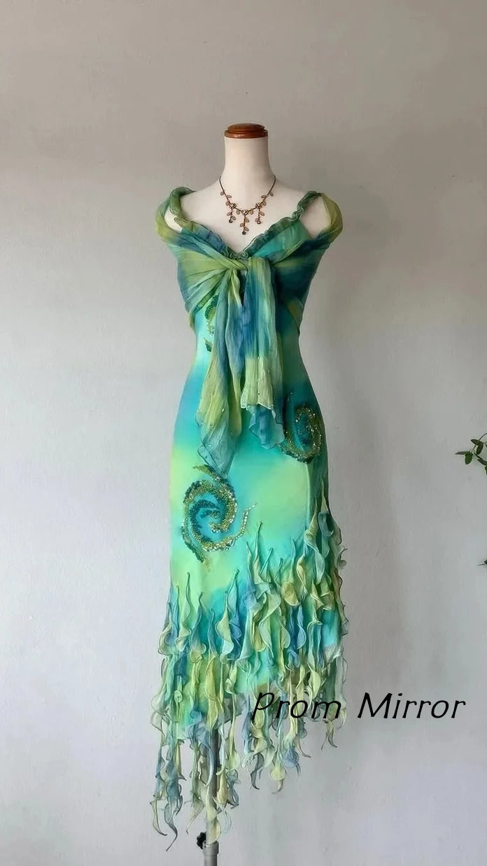 Teal Gradient Beaded Jellyfish Skirt Chiffon Homecoming Dress