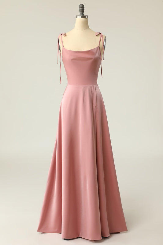 Tie Shoulder Blush A-line Long Prom Dress