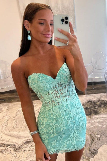 Tiffany Blue Sweetheart Beaded Applique Lace Short Dress Tight Homecoming Dress