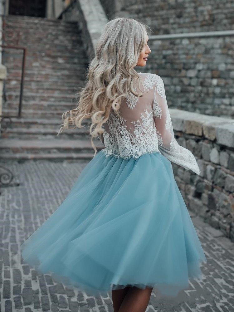 Two Piece Homecoming Dresses See Through Long Sleeve Lace Homecoming Dress