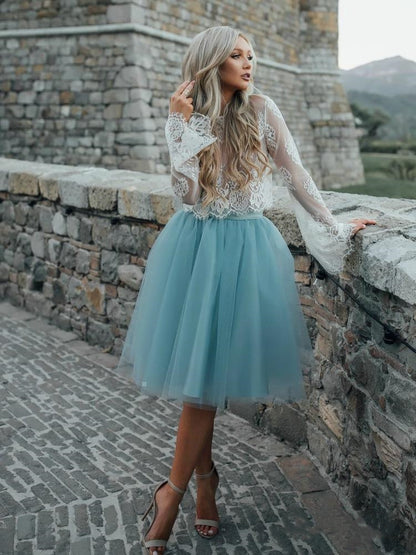 Two Piece Homecoming Dresses See Through Long Sleeve Lace Homecoming Dress