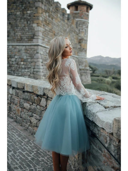 Two Piece Homecoming Dresses See Through Long Sleeve Lace Homecoming Dress