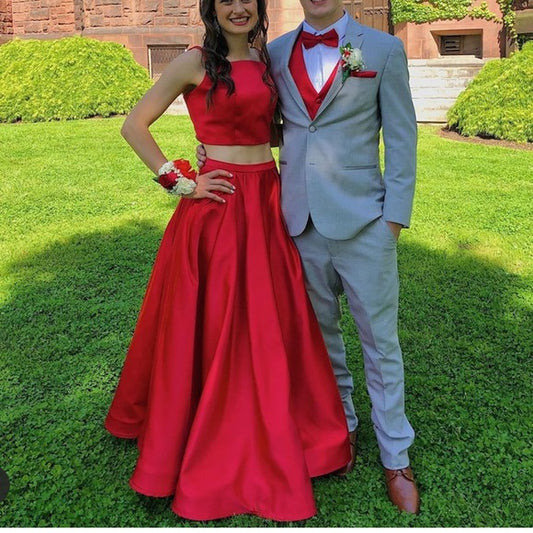 Two Pieces Red Prom Dresses A-Line Satin Evening Gown