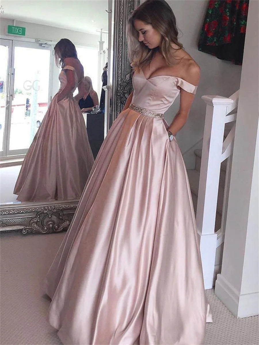 Off The Shoulder A-Line Beaded Satin Long Prom Dresses