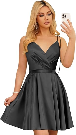 V-Neck Short Homecoming Dresses for Teens Black Satin Cocktail Party Dresses