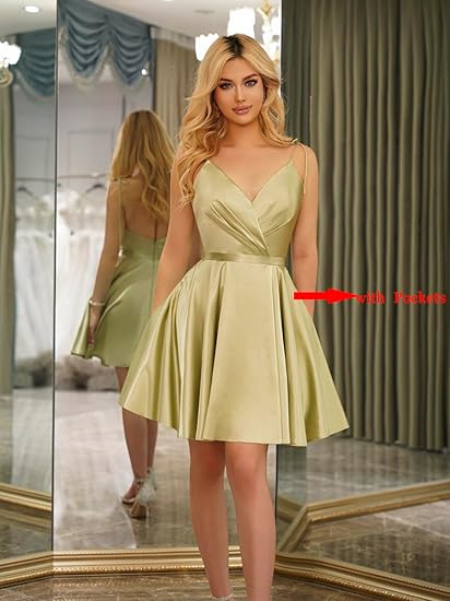 V-Neck Short Homecoming Dresses for Teens Black Satin Cocktail Party Dresses