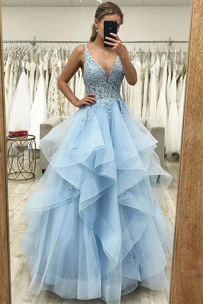 Princess Light Blue Tulle Ruffles Long Prom Dresses