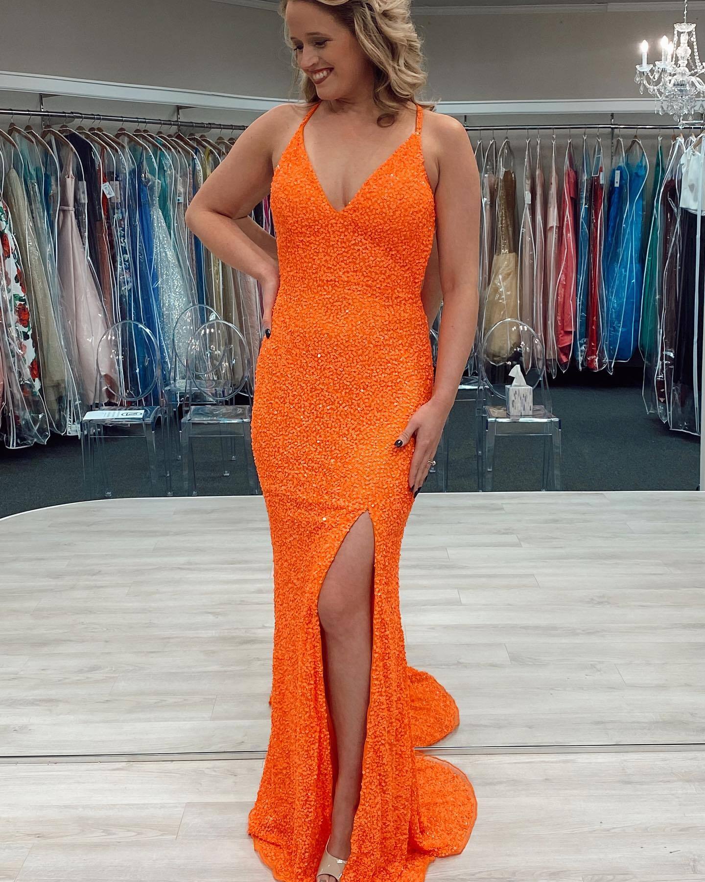 V Neck Sequins Mermaid Long Formal Dress with Cross Back