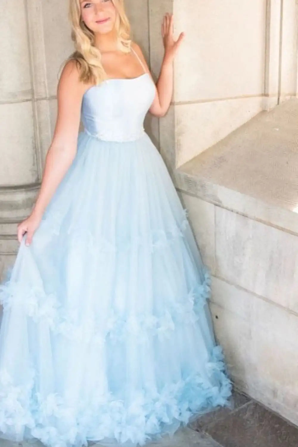 Spaghetti Straps Baby Blue Tulle A-Line Prom Evening Dress