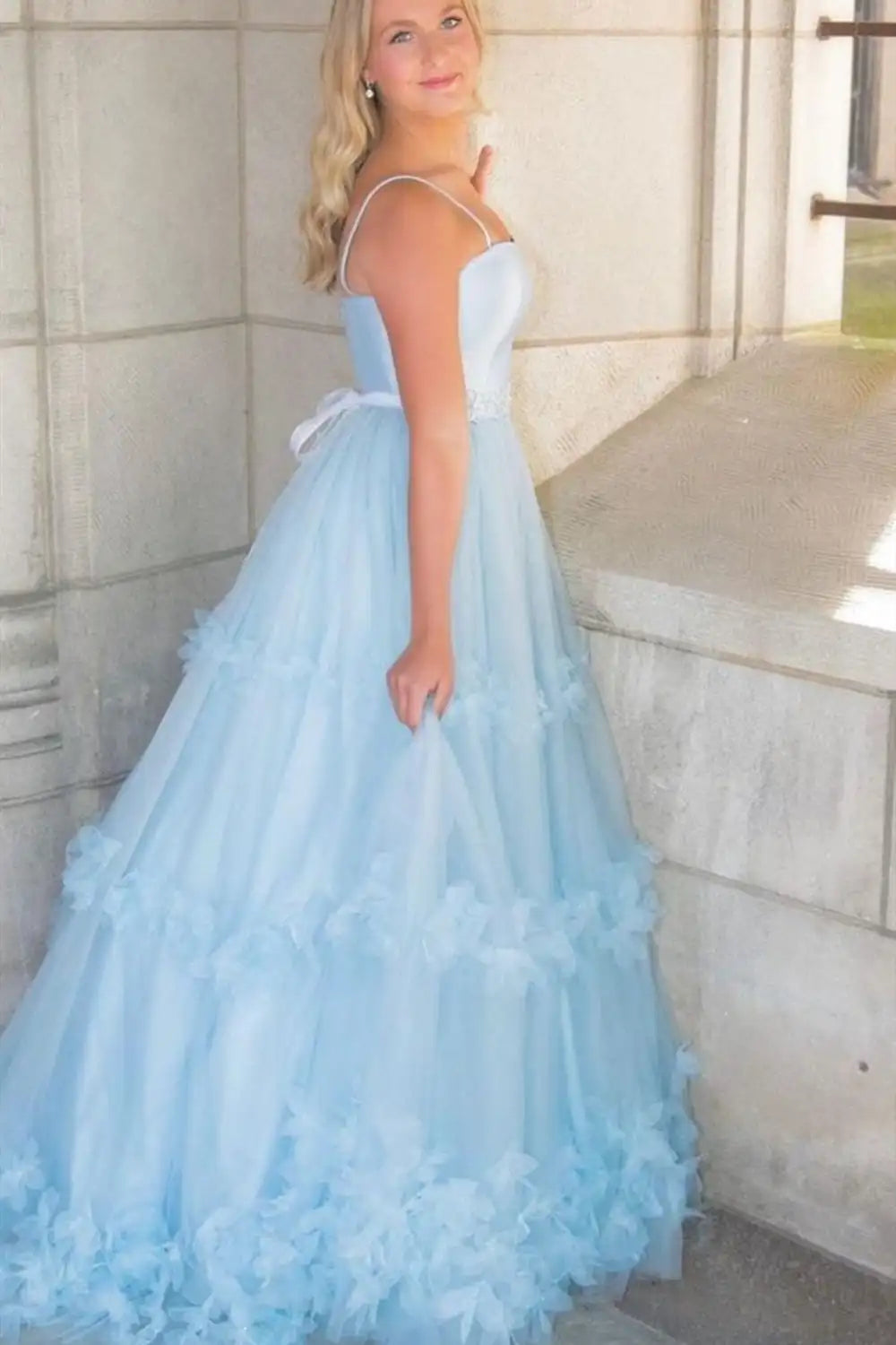 Spaghetti Straps Baby Blue Tulle A-Line Prom Evening Dress