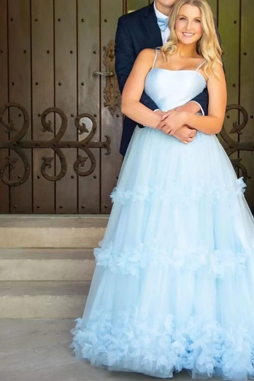 Spaghetti Straps Baby Blue Tulle A-Line Prom Evening Dress