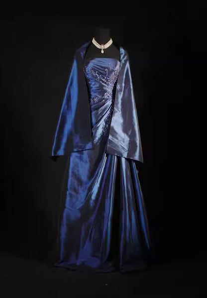 Vintage Ball Gown Strapless Navy Blue Satin Long Prom Dresses Party Dress