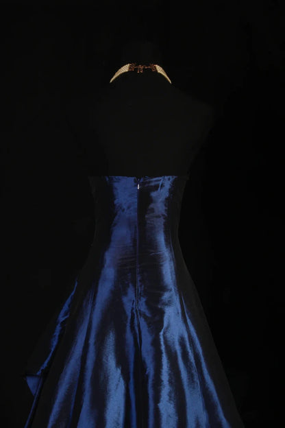 Vintage Ball Gown Strapless Navy Blue Satin Long Prom Dresses Party Dress