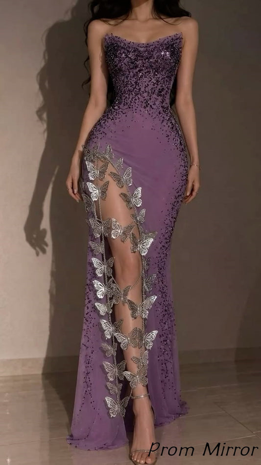 Vintage Formal Dresses Butterflies Strapless Beaded Slim Prom Dress With Slit