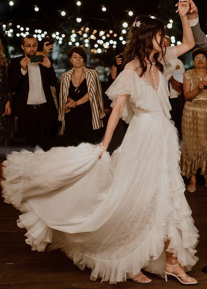 Vintage Lace Ruffle Party Dress, White Wedding Dresses With Slit