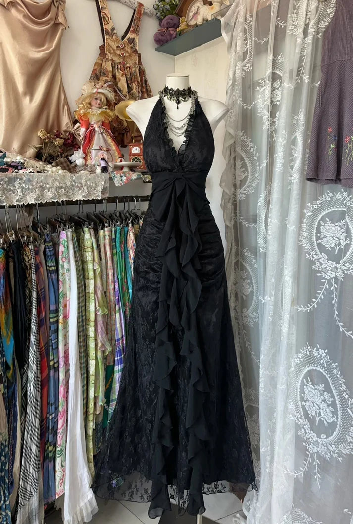 Vintage Mermaid Halter Sleeveless Long Black Lace Evening Dress Prom Dresses