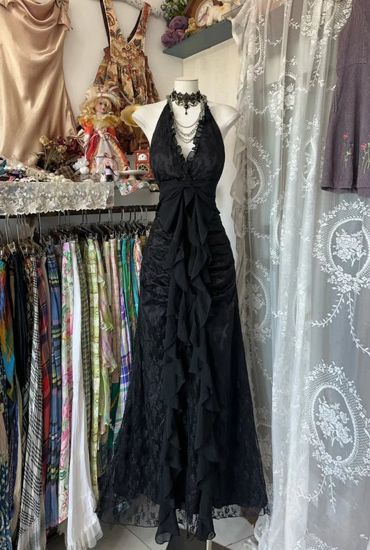 Vintage Mermaid Halter Sleeveless Long Black Lace Evening Dress Prom Dresses