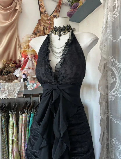 Vintage Mermaid Halter Sleeveless Long Black Lace Evening Dress Prom Dresses