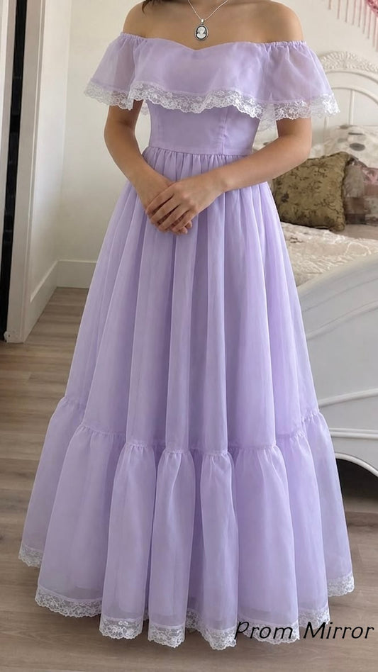 Vintage Off The Shoulder Lavender A-Line Homecoming Party Dress