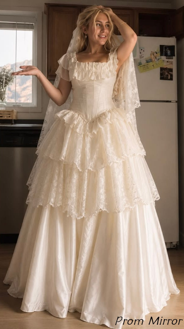 Vintage Off White Lace Satin Ruffles Wedding Dresses