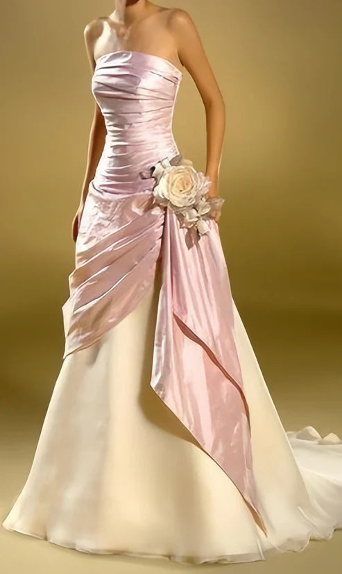 Vintage Strapless Pink Ivory Ruched Mermaid Party Dress