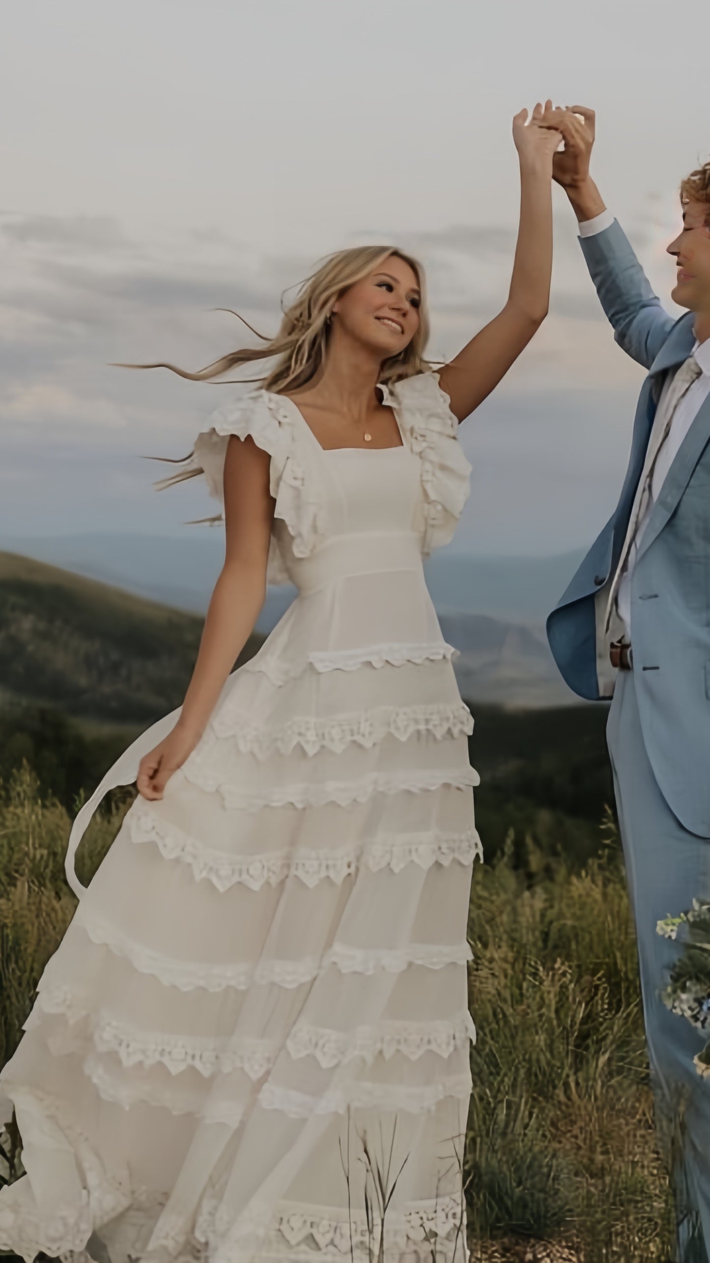 Vintage lace A-line wedding dress - long square neck bridal gown with romantic lace details