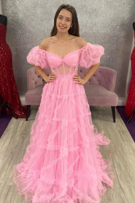 Off The Shoulder Pink Tulle Puffy A-Line Evening Prom Dress