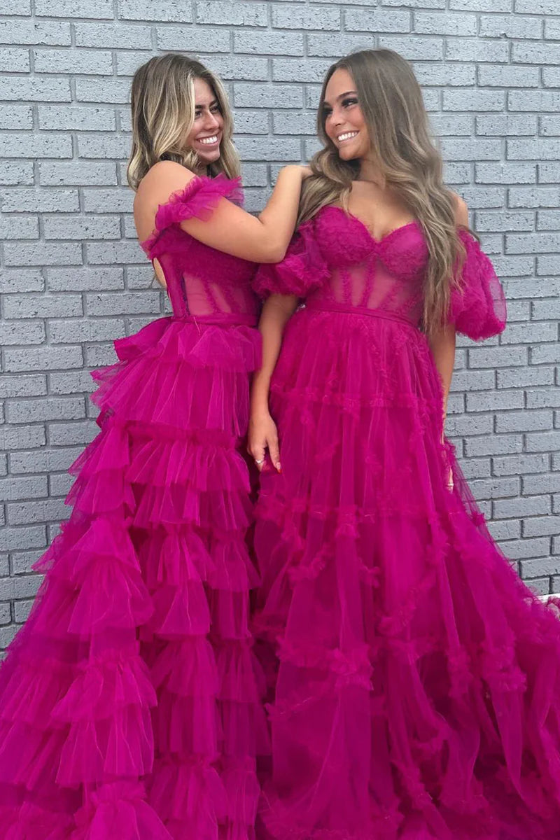 Off The Shoulder Pink Tulle Puffy A-Line Evening Prom Dress