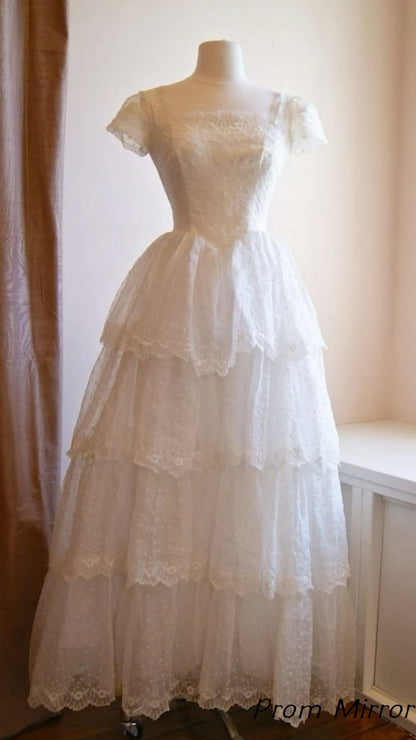 White A-Line Lace Layers Vintage Wedding Dress Birthday Gown