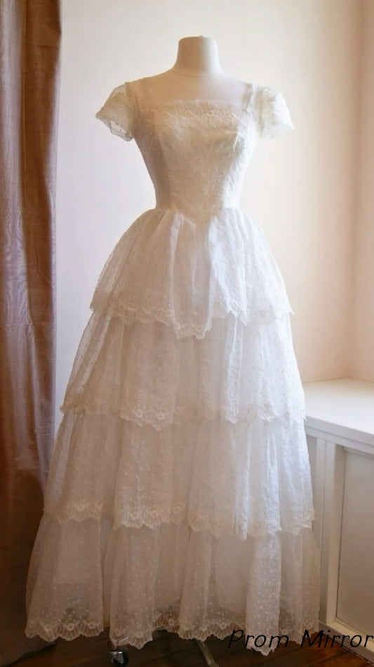 White A-Line Lace Layers Vintage Wedding Dress Birthday Gown