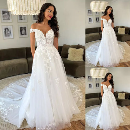 White Ivory Wedding Dresses Off Shoulder Lace Appliques Sweep Train Bridal Gowns