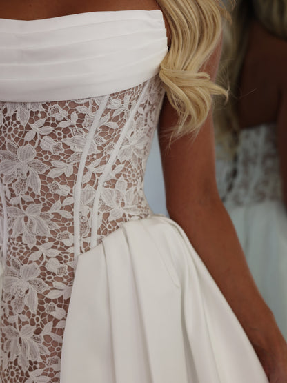 White Lace Strapless Satin Homecoming Dresses, Short Prom Dresses